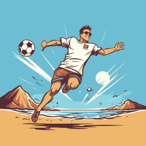 Soccer player on the beach. Vector illustration in retro style.