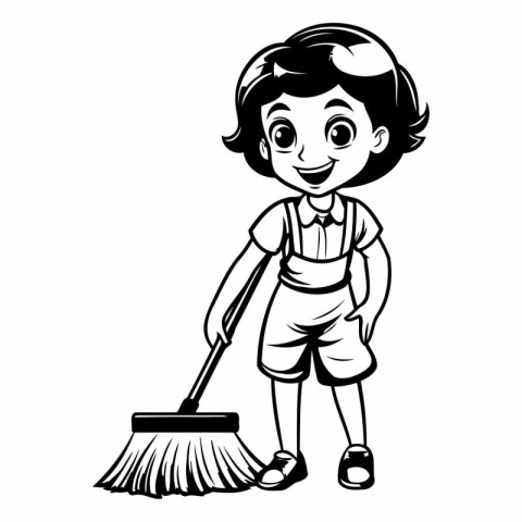 Cute boy sweeping the floor with a broom. vector illustration.