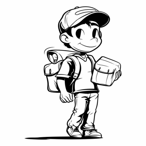 Vector illustration of a boy with a backpack and a map on a whit