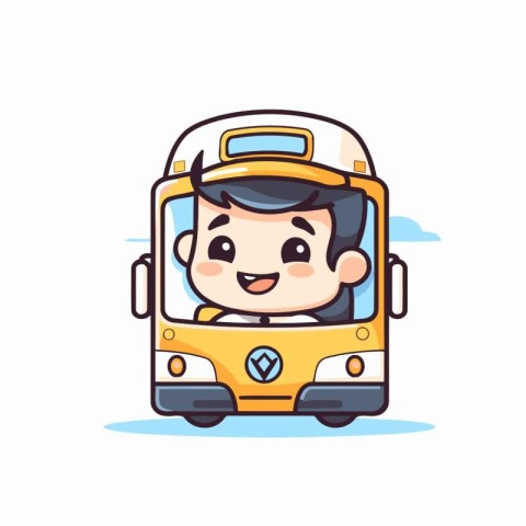 Cute boy traveling by bus. Vector illustration in cartoon style.