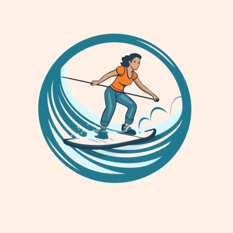 Woman riding a wakeboard on a surfboard. Vector illustration.