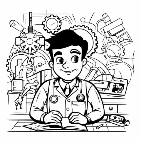 Black and White Cartoon Illustration of a Doctor Reading a Book