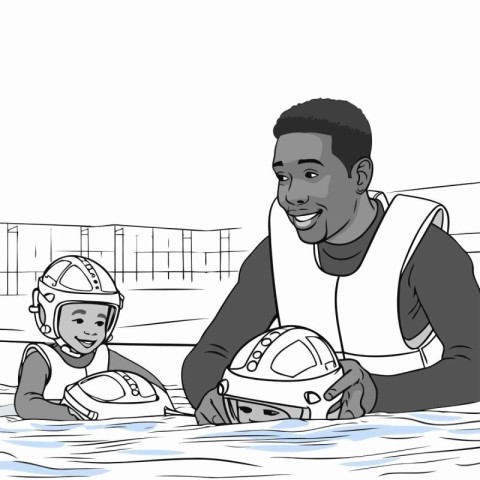 Black and white illustration of a father helping his son to get