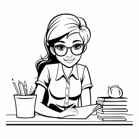 teacher woman with books and pencils black and white vector illu