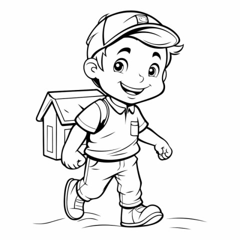 Cartoon Illustration of Cute Little Boy or Kid with Dog House fo