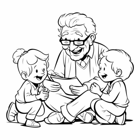 Grandfather with grandchildren. Black and white vector illustrat