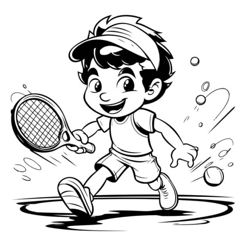 Black and White Cartoon Illustration of a Kid Playing Tennis for