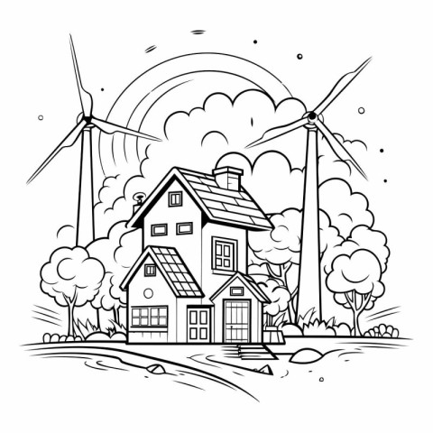 Eco friendly house with wind turbines. Black and white vector il