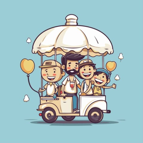 Cartoon happy family riding a tuk tuk. Vector illustration