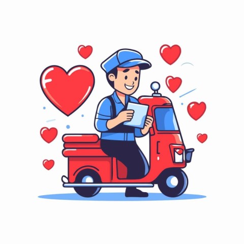 Delivery man in uniform riding a scooter with a red heart. Vecto