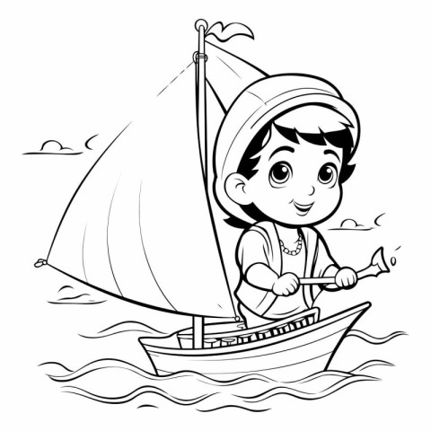 Black and White Cartoon Illustration of Cute Little Boy Riding a