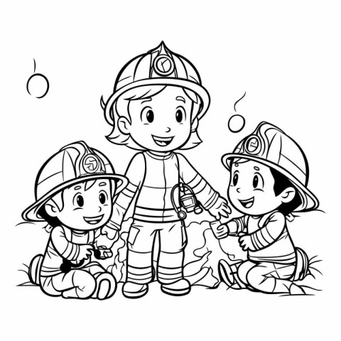 Children playing with firemen. Coloring book for kids. Vector il