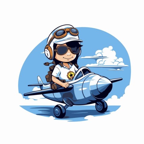 Aviator boy with airplane in the sky. Cartoon vector illustratio