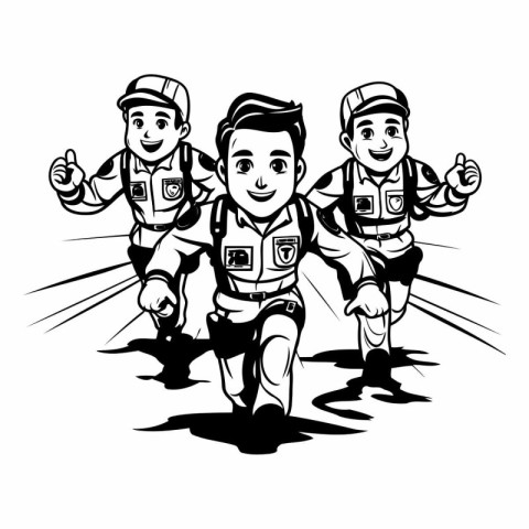 Superheroes running with thumbs up. black and white vector illus