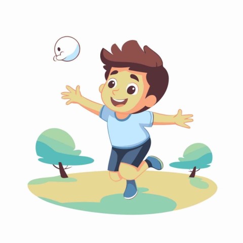 Cute boy running in the park. Vector cartoon character illustrat