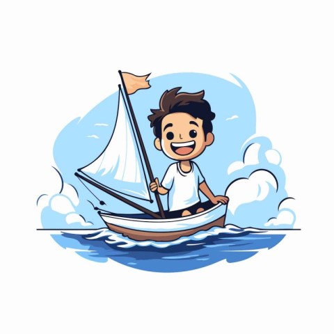 Cartoon boy with sailboat on the sea. Vector illustration.