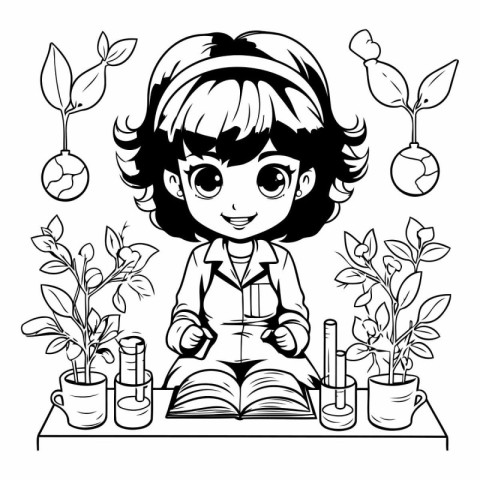 Girl reading a book. Black and white vector illustration for col