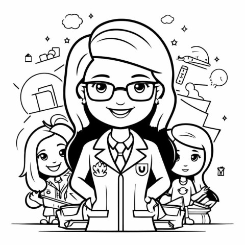 Coloring Page Outline Of A Female Doctor or Nurse With Children