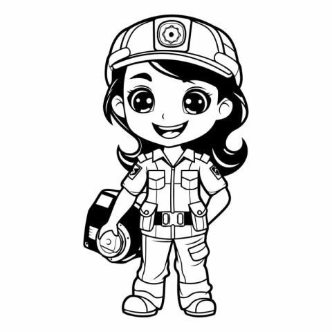 Black and White Cartoon Illustration of Cute Little Firefighter