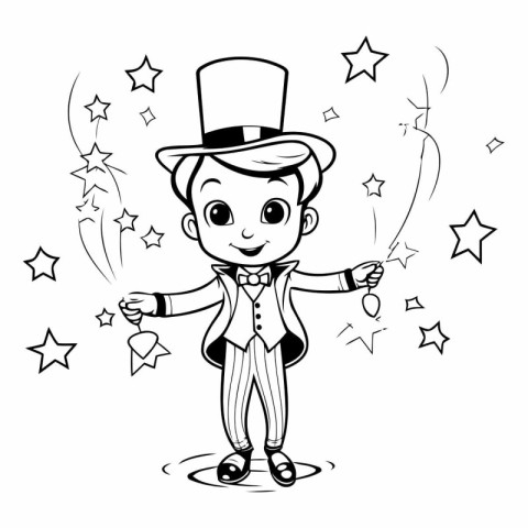 Black and white cartoon illustration of a magician holding a mag