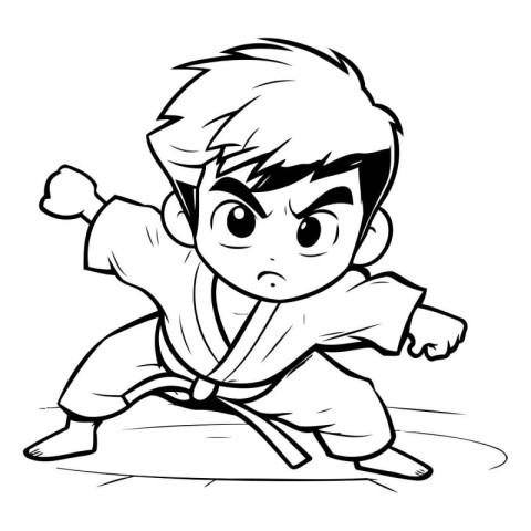 Karate Boy - Black and White Cartoon Illustration of a Karate Bo