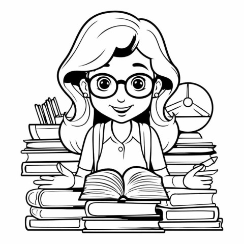 Girl student with glasses and books. Black and white vector illu