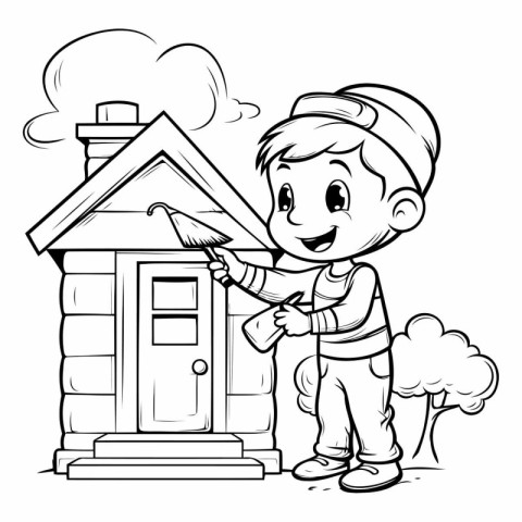 Black and White Cartoon Illustration of Little Boy Cleaning the