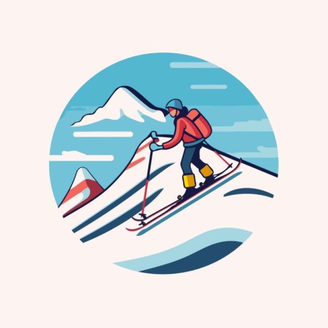 Skiing in the mountains. Vector illustration in flat style.