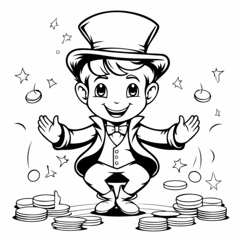 Black and White Cartoon Illustration of Leprechaun or Leprechaun