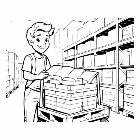 Boy with boxes in warehouse. Black and white vector illustration