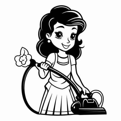 Cute girl with a vacuum cleaner and a flower. Vector illustratio