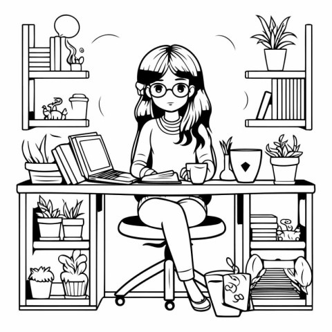 Teenager girl with glasses sitting at the desk and working on la