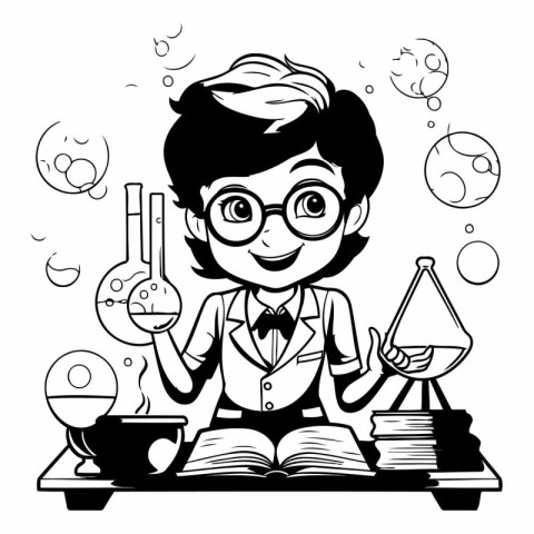 Schoolgirl with books and science symbols. Black and white vecto