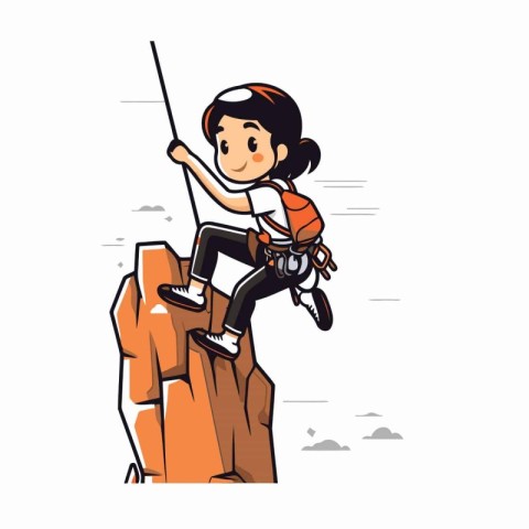 Climber girl climbing on a cliff. Vector illustration in cartoon