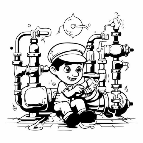 Illustration of a Kid Boy Plumber Plumber Repairing a Pipe