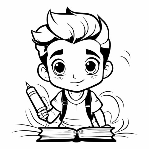 Cute Boy Studying - Black and White Cartoon Illustration. Vector