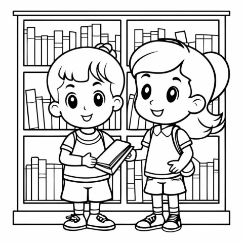 Boy and girl reading books in library. black and white vector il