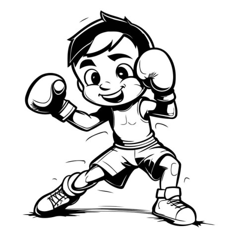 Boy Boxing Mascot - Black and White Vector Illustration.