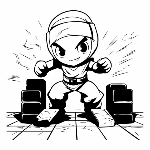 A cartoon illustration of a ninja sitting on the ground and play