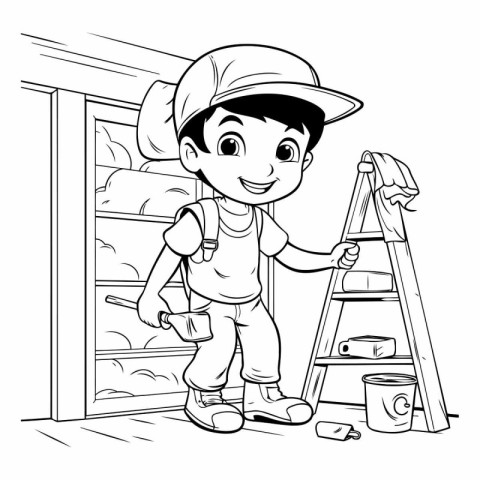 Cartoon boy painting the walls of the house. Vector illustration