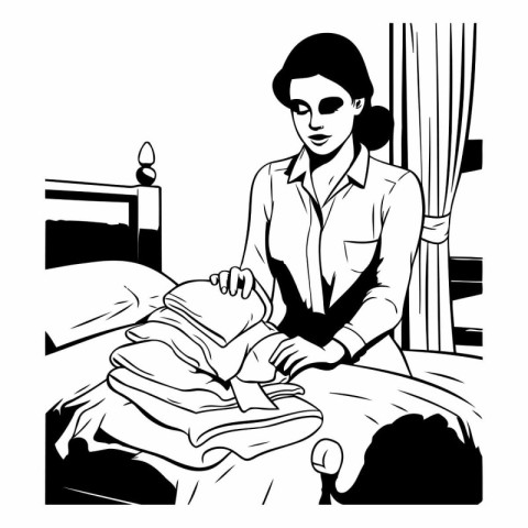 Woman ironing the clothes on the bed. Black and white vector ill