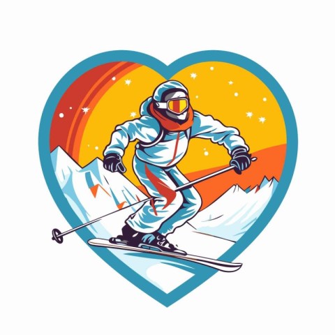 Vector illustration of a skier in a heart shaped frame with moun