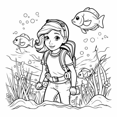 Cute little girl with a backpack and a fish. Coloring book for c