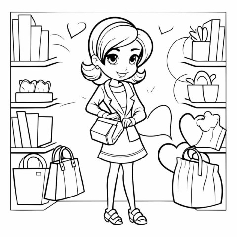 Coloring book for children: girl with shopping bags in the store