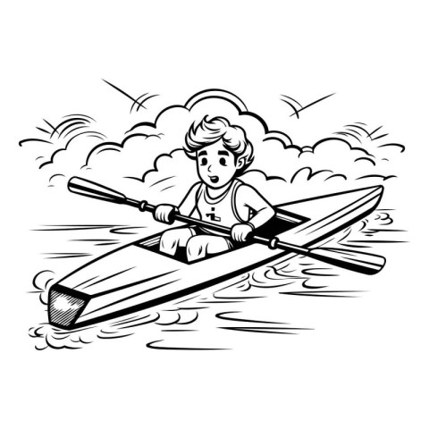 Boy rowing on a kayak. black and white vector illustration