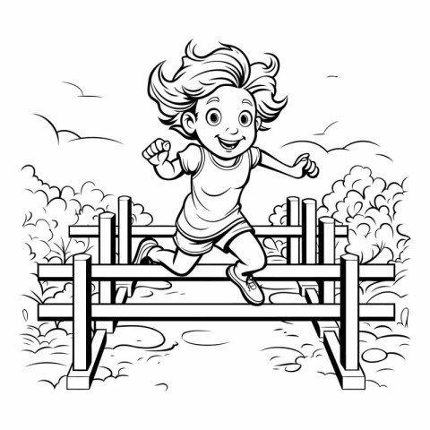 Black and White Cartoon Illustration of Little Girl Running or J