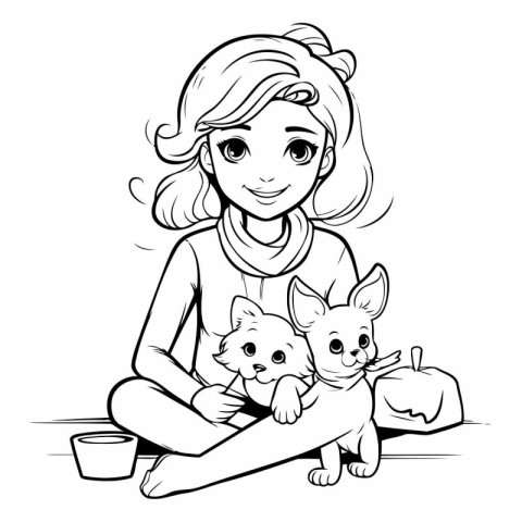 Cute girl with two cats. Black and white vector illustration.