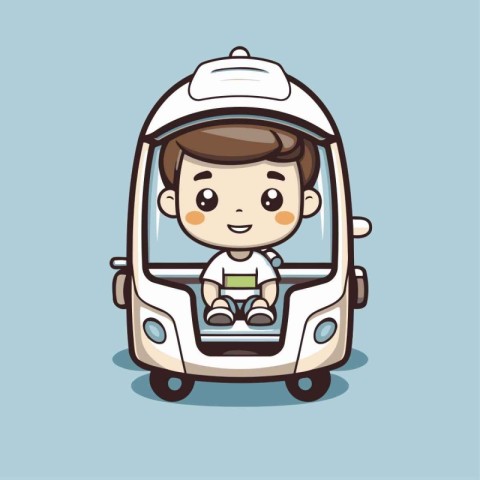 Cute boy driving a car cartoon vector illustration. Transportati