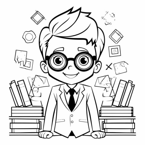 Black and White Cartoon Illustration of Schoolboy Student with S