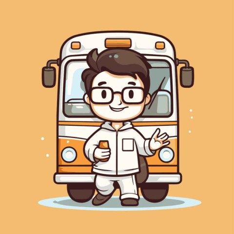 Cute Boy Student in School Bus Cartoon Character Vector Illustra